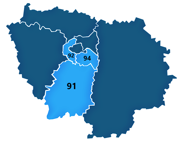 carte pour zone d'intervention sur l’Essonne, les Hauts-de-Seine et le Val-de Marne